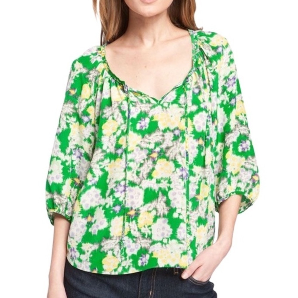 Rebecca Taylor Wmn 2 Green Cottagecore Prairie Garden Flower Silk Peasant Blouse